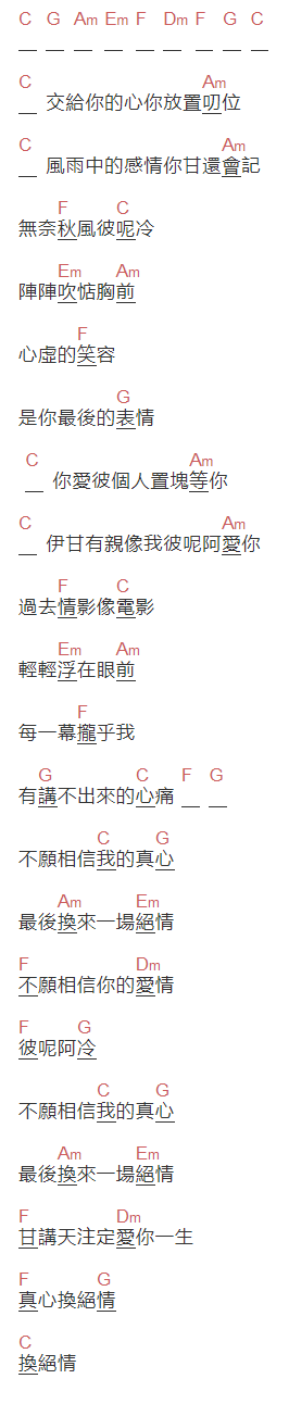 吳宗憲《真心换绝情》吉他谱C调和弦谱(txt)1