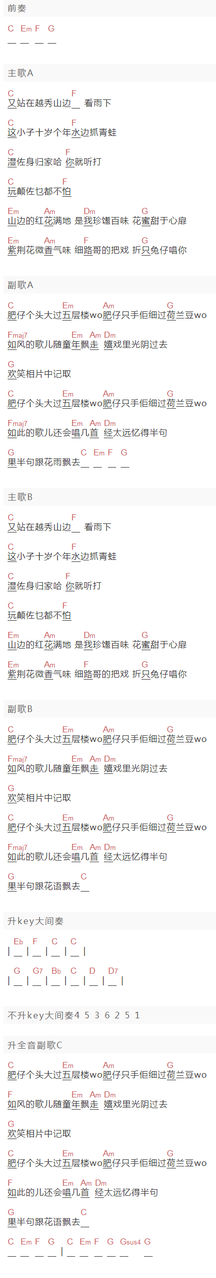 东山少爷《肥仔个头》吉他谱C调和弦谱(txt)1