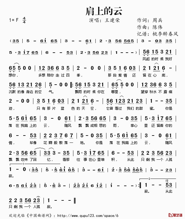 《肩上的云》吉他谱C调简谱1