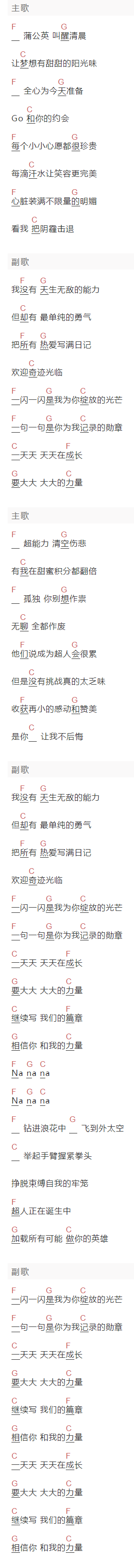 TF家族《超人诞生日记》吉他谱C调和弦谱(txt)1
