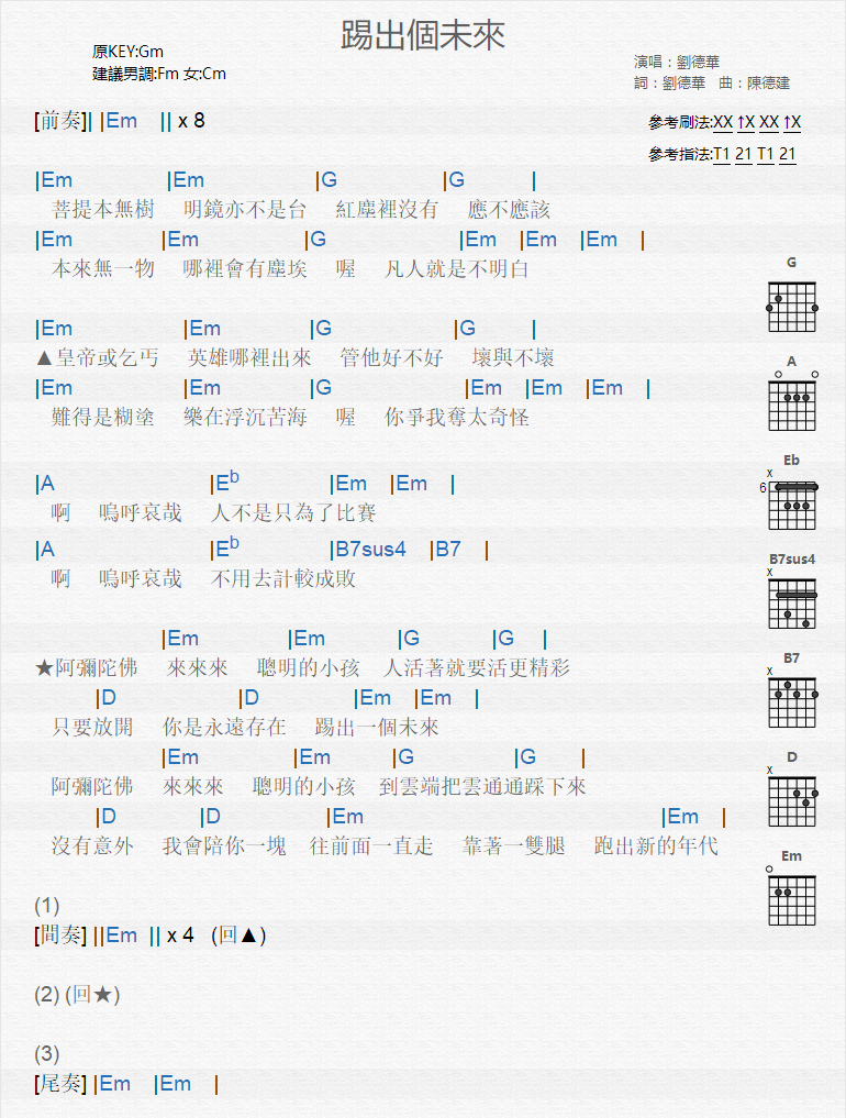 刘德华《踢出个未来》吉他谱C调和弦谱(txt)1