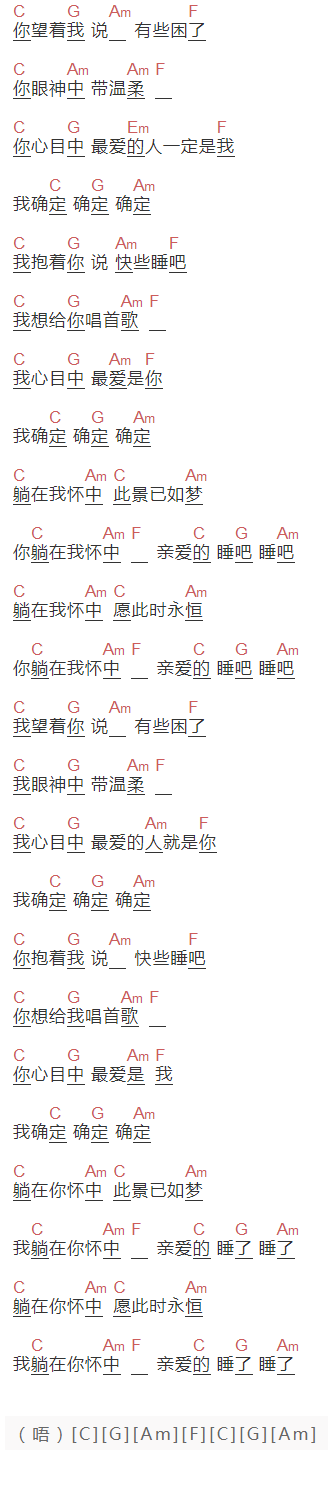 吴文青树 , 房东的猫《躺在我怀中》吉他谱C调和弦谱(txt)1