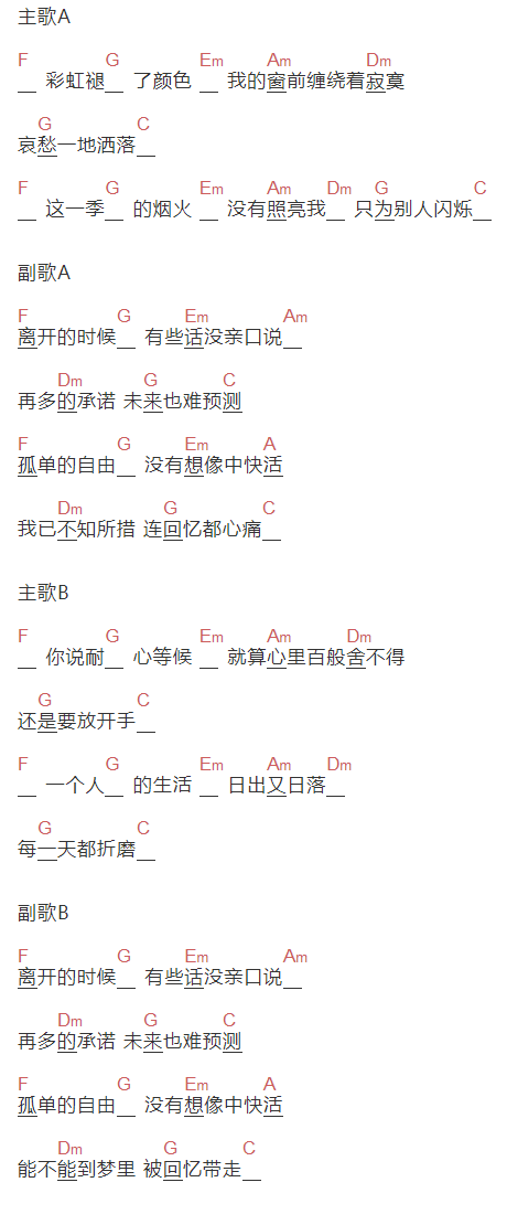 A-lin《离开的时候》吉他谱C调和弦谱(txt)1