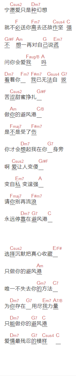 李佳璐《避风港》吉他谱C调和弦谱(txt)1