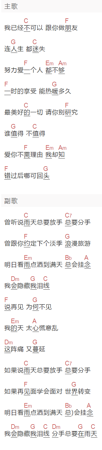 《分手总约在雨天》吉他谱C调和弦谱(txt)1