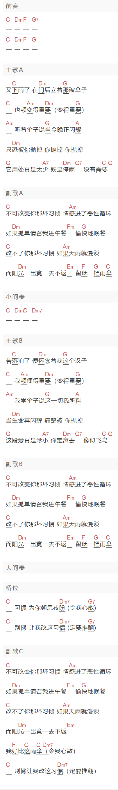 《坏习惯》吉他谱C调和弦谱(txt)1