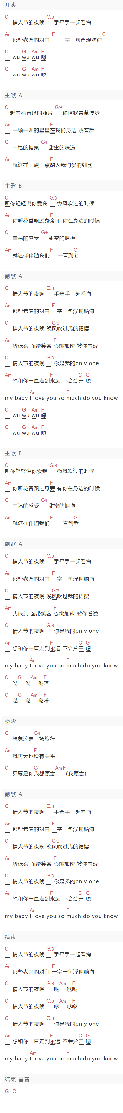 《情人节的夜晚》吉他谱C调和弦谱(txt)1