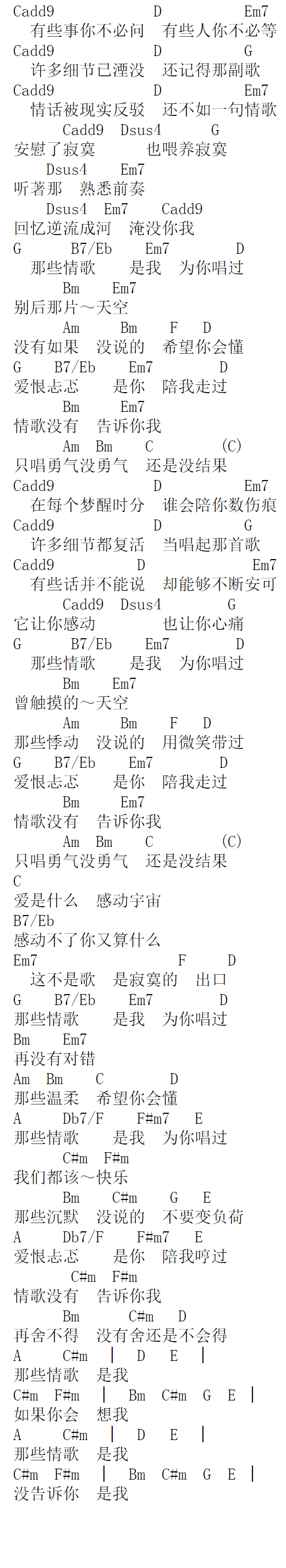 《情歌没有告诉你》吉他谱C调和弦谱(txt)1