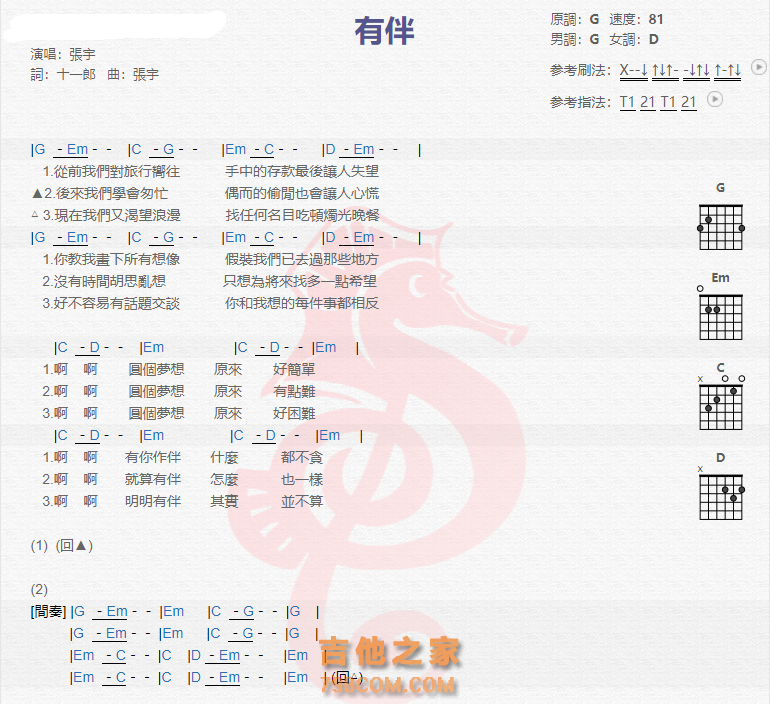 《有伴》吉他谱C调六线谱(图)1