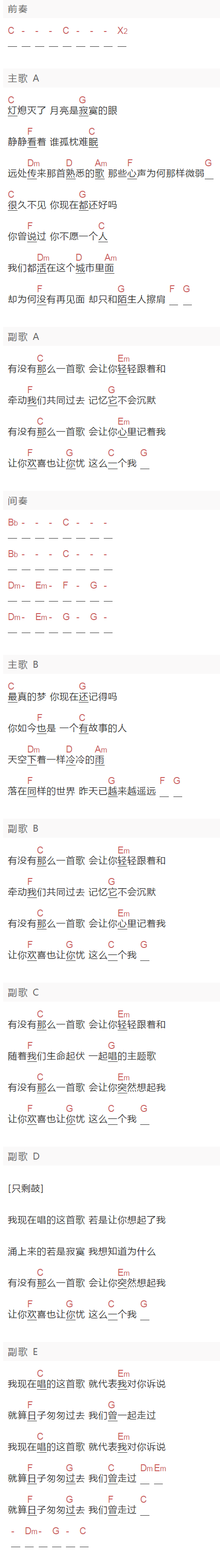 《有没有那么一首歌会让你想起我》吉他谱C调和弦谱(txt)1
