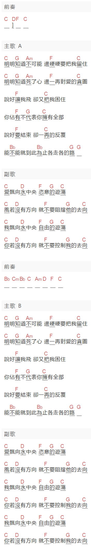 《水中央》吉他谱C调和弦谱(txt)1