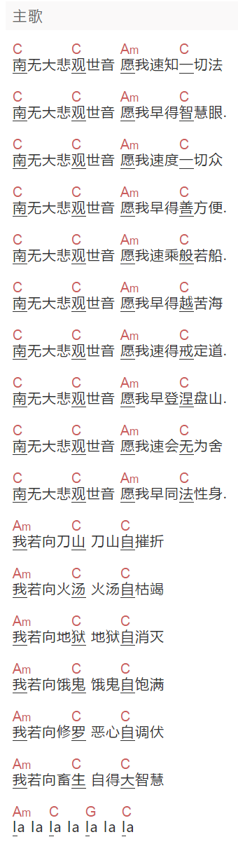 《观世音菩萨发愿偈》吉他谱C调和弦谱(txt)1