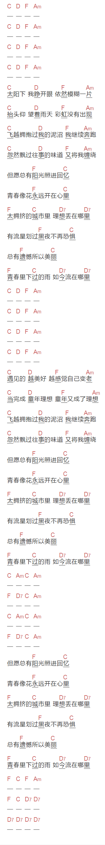 《阳光照进回忆里》吉他谱C调和弦谱(txt)1