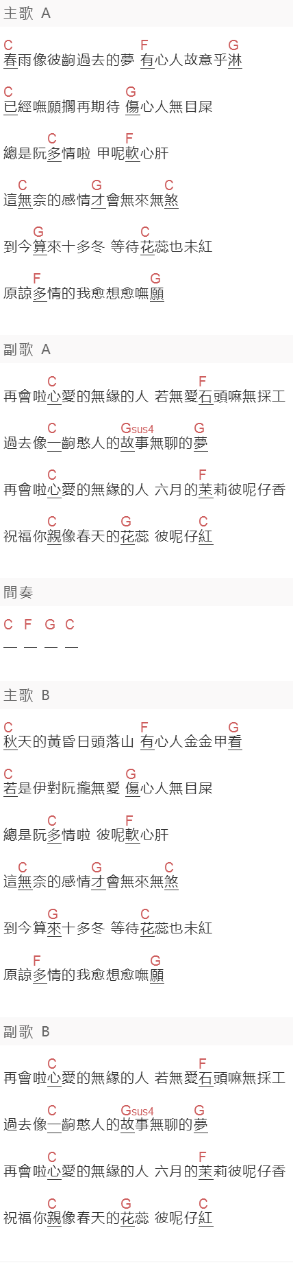 《再会啦心爱的无缘的人》吉他谱C调和弦谱(txt)1