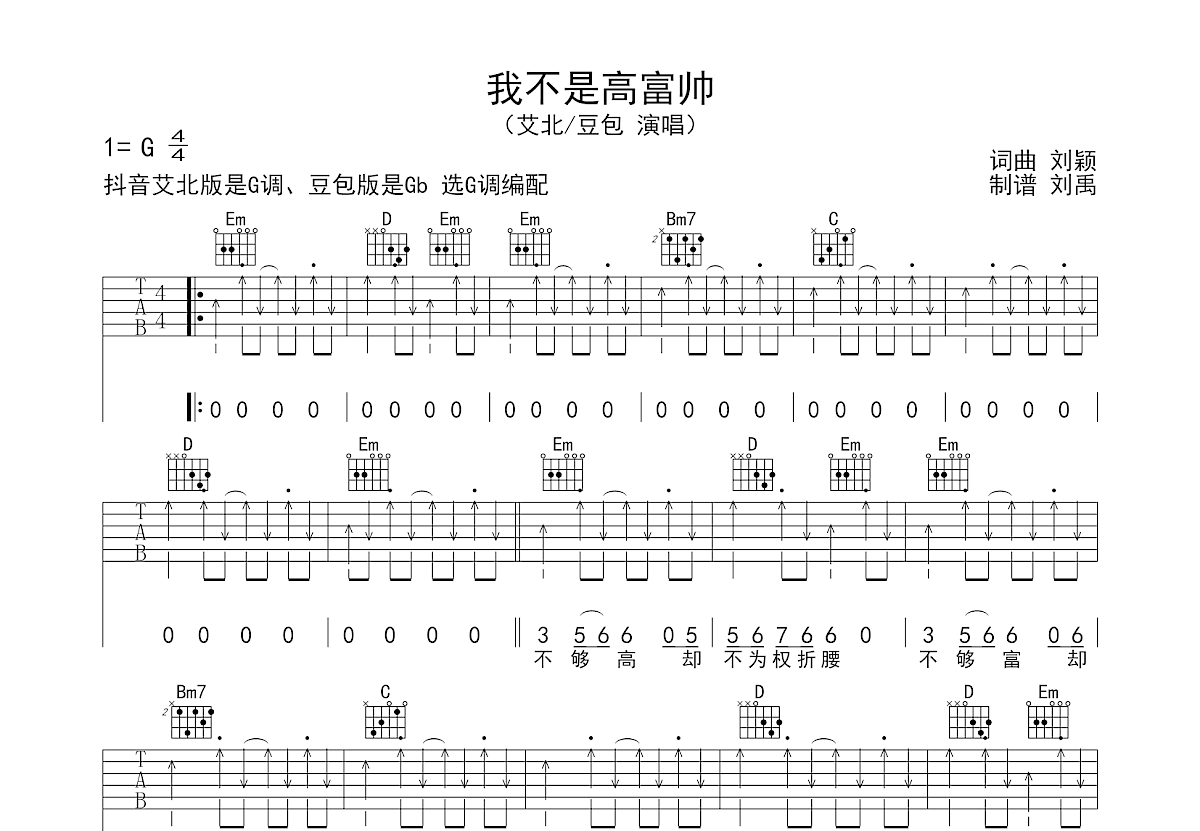 《我不是高富帅》吉他谱C调六线谱(图)1