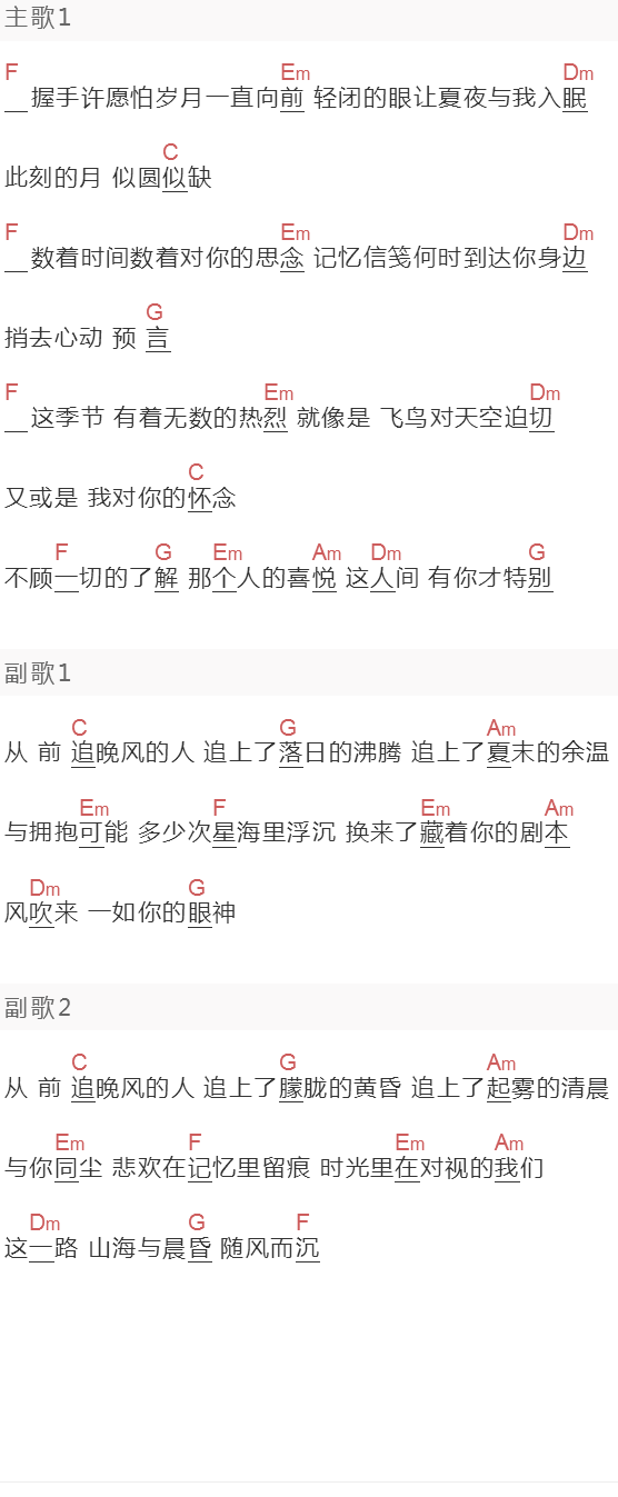 《追晚风的人》吉他谱C调和弦谱(txt)1