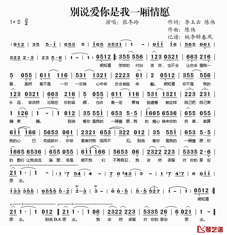 张冬玲《别说爱你是我一厢情愿》吉他谱D调六线谱(图)1