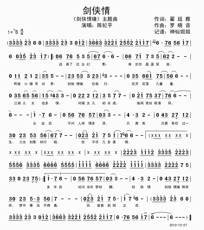 陈妃平《剑侠情》吉他谱Bb调六线谱(图)1