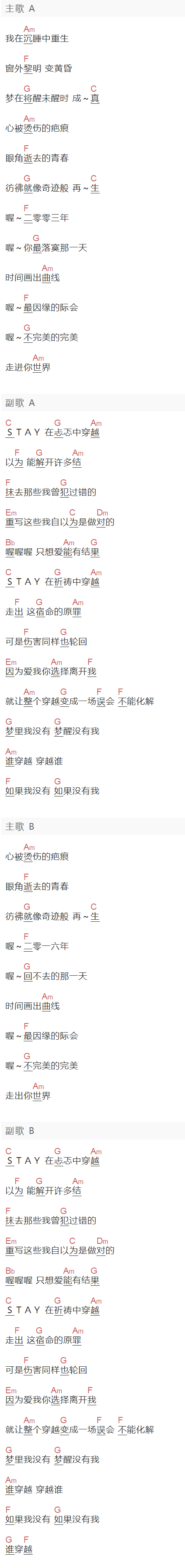 林俊杰《穿越》吉他谱C调和弦谱(txt)1