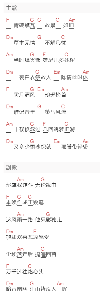 王凯《赤血长殷》吉他谱C调和弦谱(txt)1