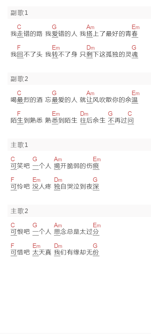 任夏《走错的路爱错的人》吉他谱C调和弦谱(txt)1