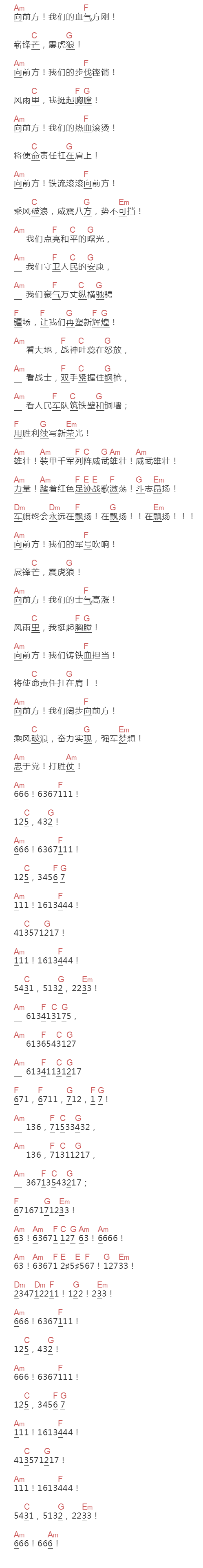 武警北京总队战士男声合唱团《钢铁洪流进行曲》吉他谱C调和弦谱(txt)1