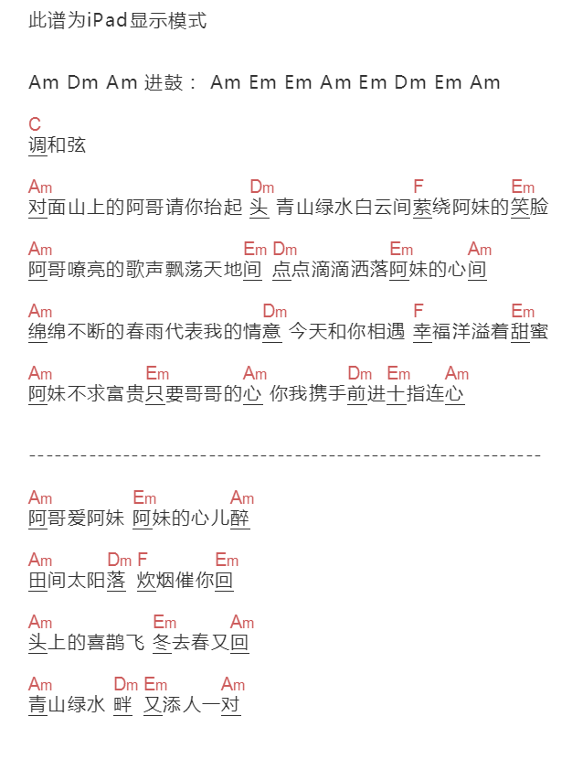 谢军《阿哥阿妹》吉他谱C调和弦谱(txt)1